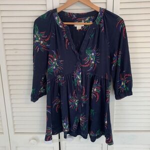 Maeve Anthropologie Winona Babydoll Tunic Top S Navy Blue Floral Cotton Button